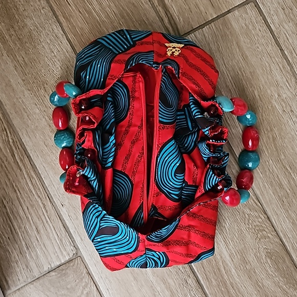 African tribal print bag beaded red and turquoise - Picture 10 of 13